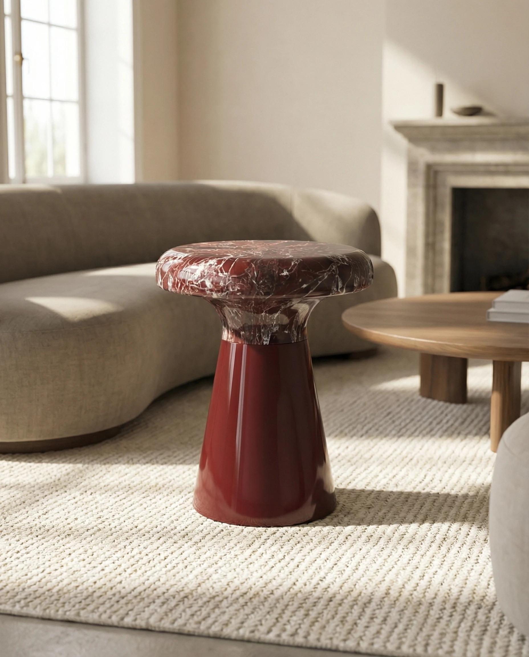 Terra Coffee Table — monolithic Travertino Romano slab on solid stone legs